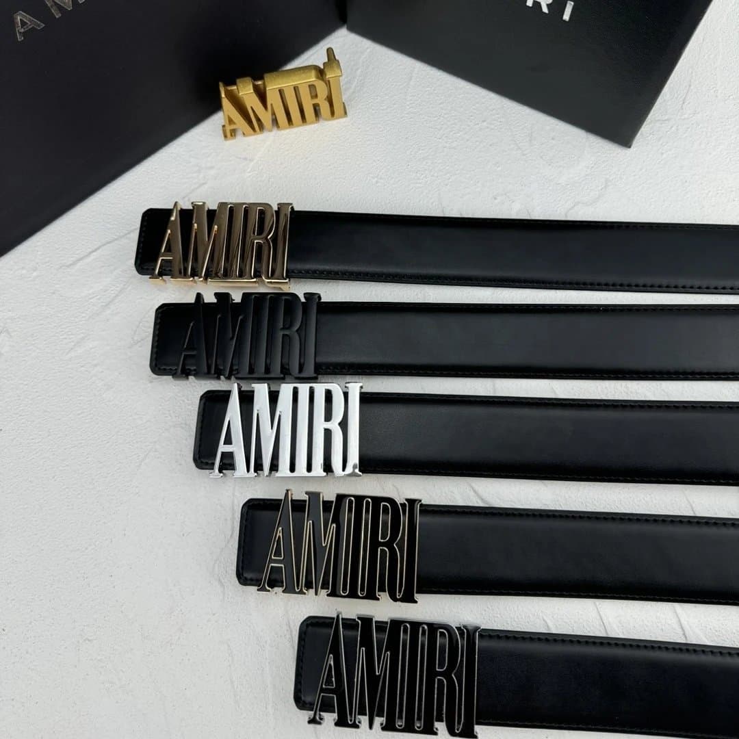 AMIRI Black Leather Belt with Oversized Logo Buckle, Unisex Designer Accessory 1