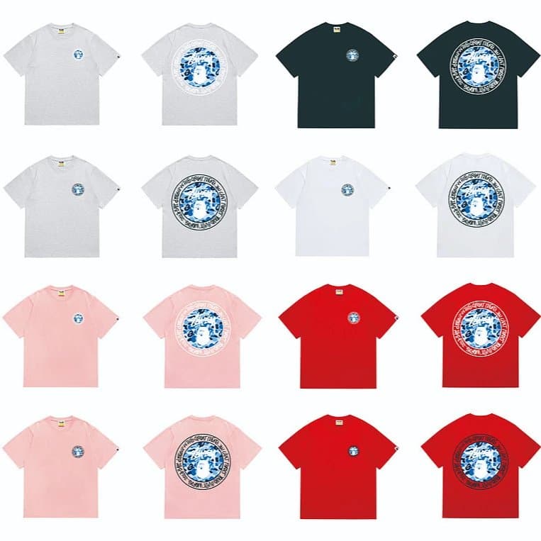 Stüssy x BAPE Graphic Ape Head Pink T-Shirt, Camouflage Back Logo, Unisex Streetwear 1