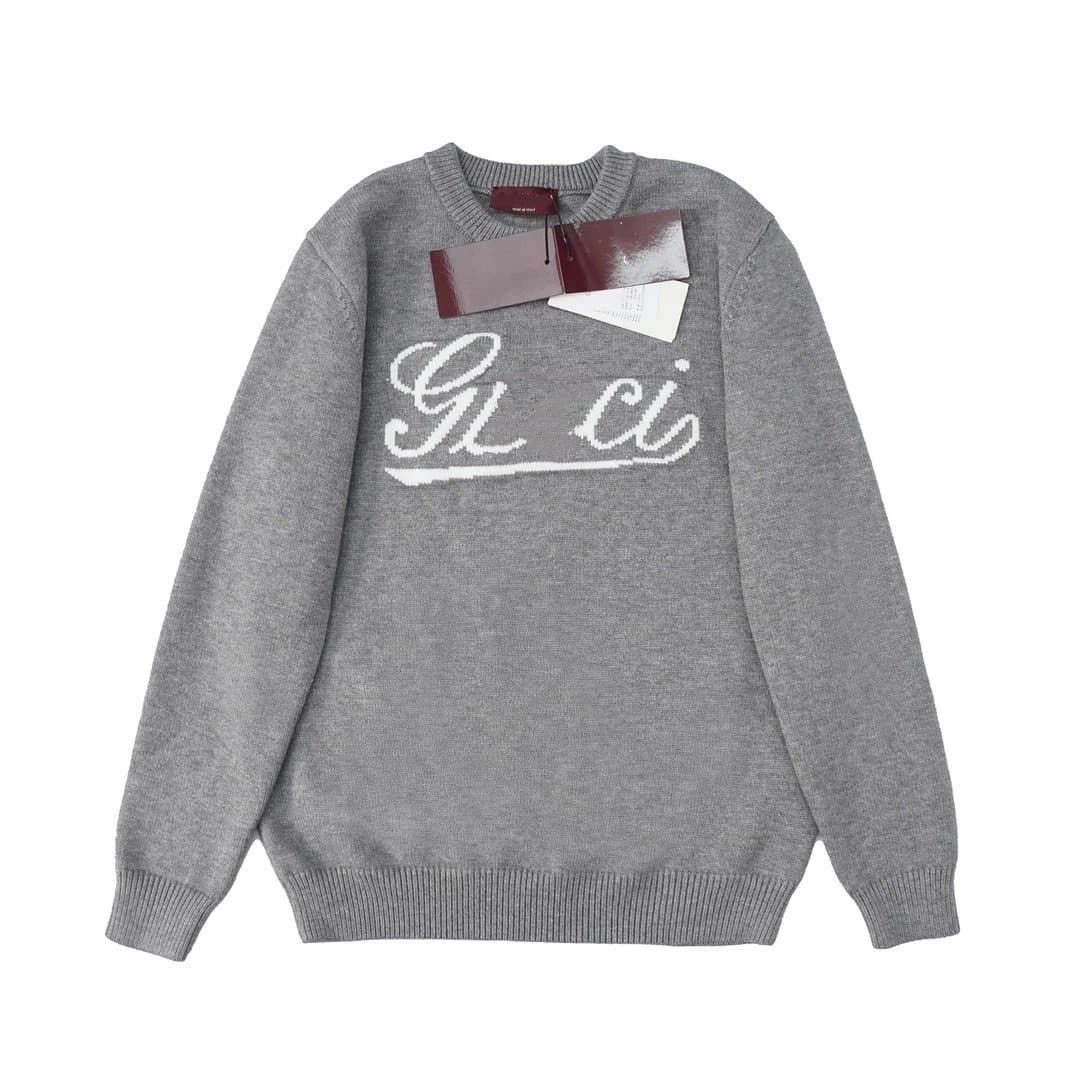 Gucci Grey Intarsia Logo Crewneck Knit Sweater — Relaxed Fit Wool Blend 1