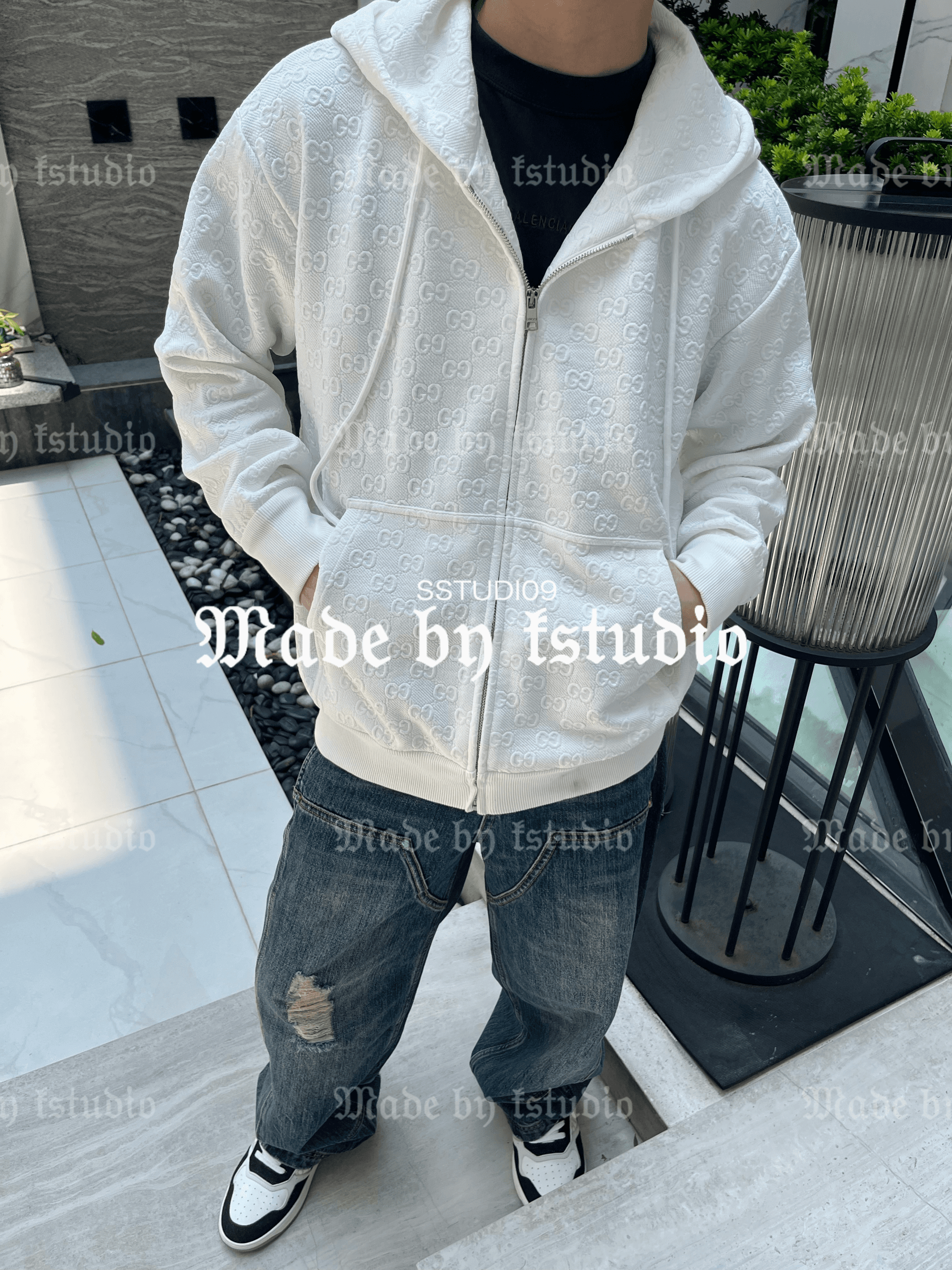 Gucci GG Monogram Embossed White Zip-Up Hoodie, Luxury Streetwear Cotton Jacket 1