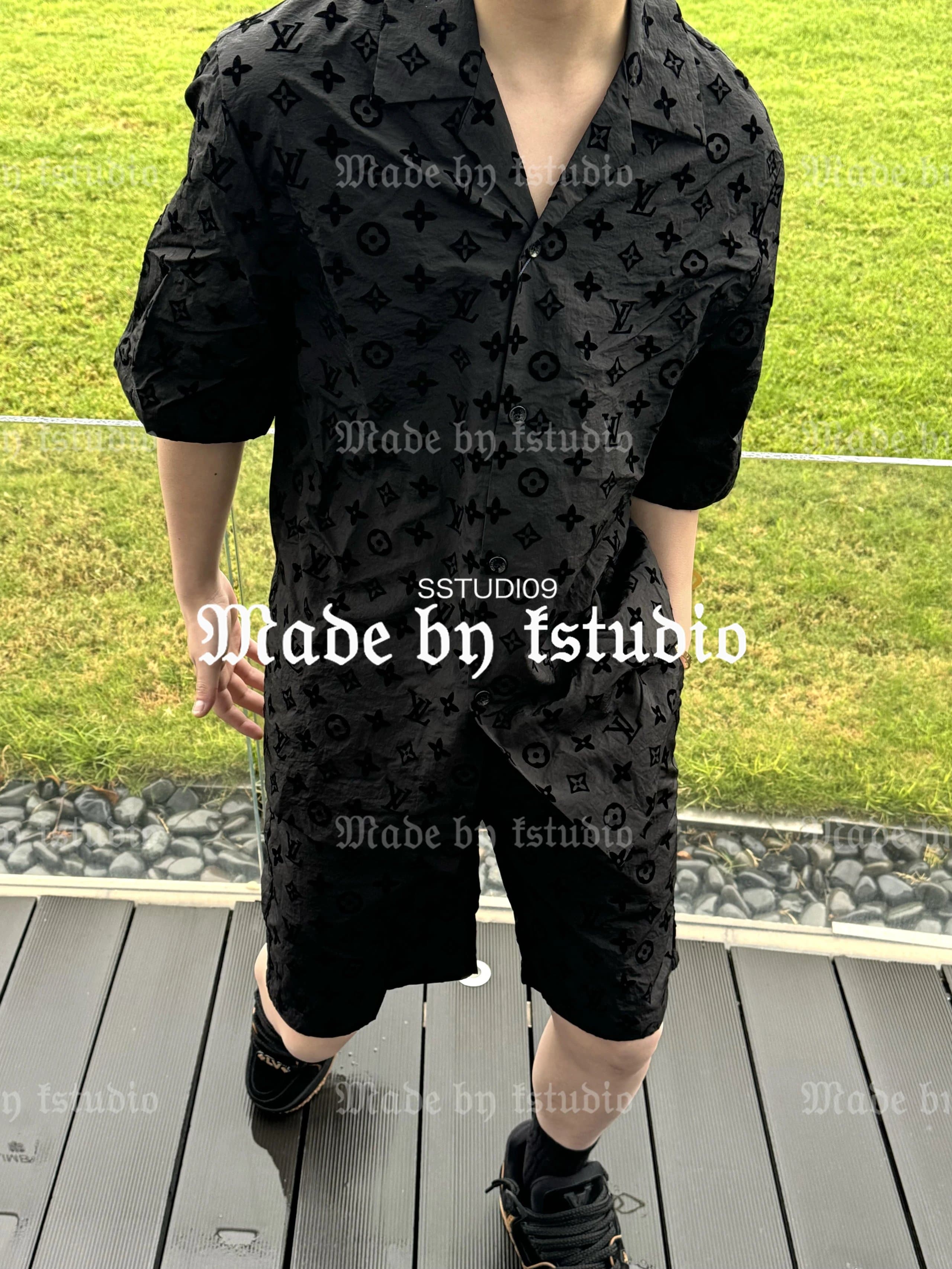 Louis Vuitton Monogram Jacquard Black Shirt & Shorts Set, Relaxed Camp Collar, Designer Streetwear 1