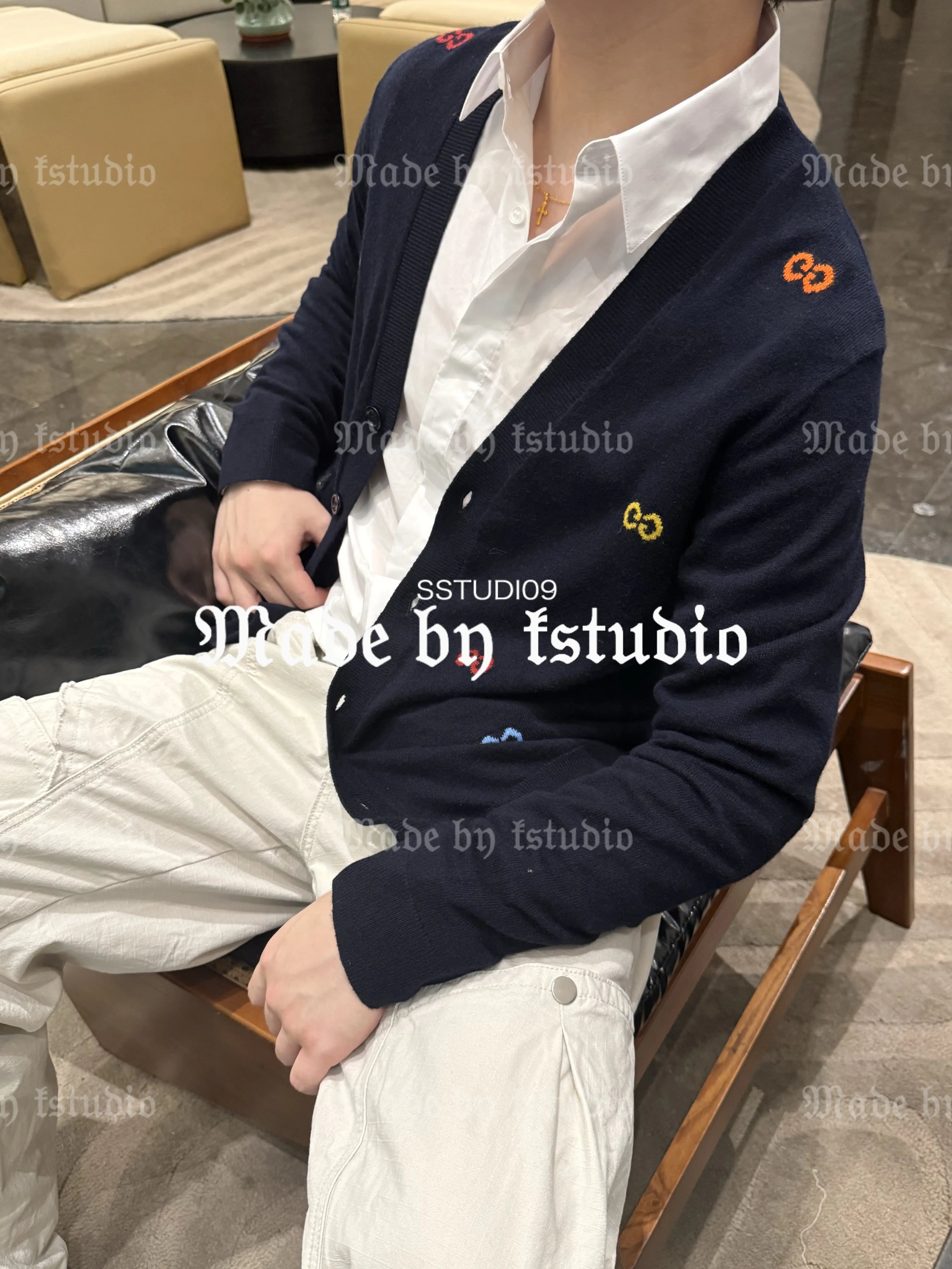 Gucci GG Embroidered Navy Wool Cardigan, Multicolor Motif, Relaxed Fit Unisex 1