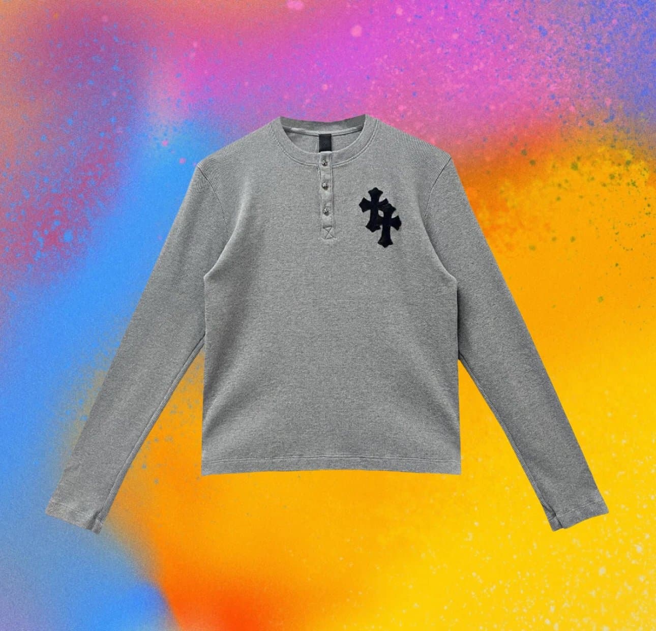 Chrome Hearts Grey Waffle-Knit Henley, Silver Buttons & Cross Patch 1