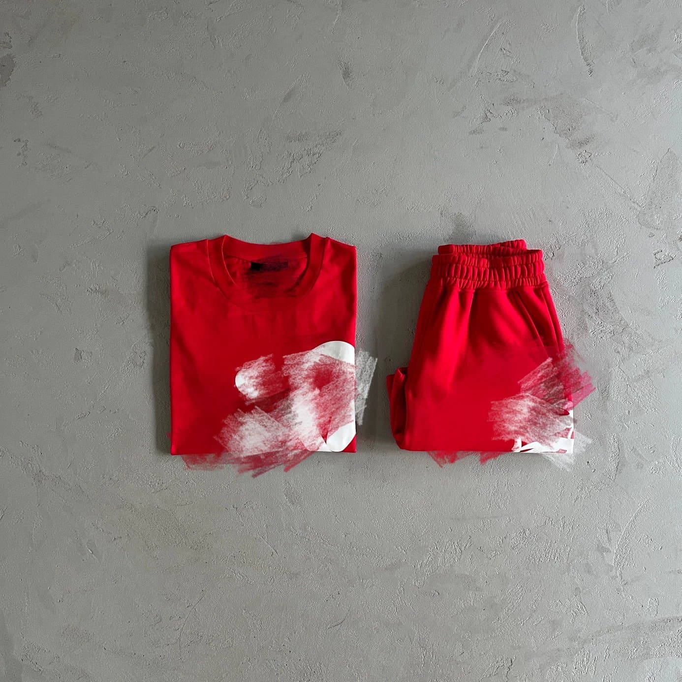 Red Brushstroke Cotton Loungewear Set, Crewneck Tee & Jogger Pants, Unisex Relaxed Fit 1