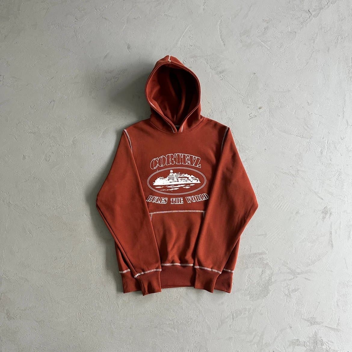 CORTEZ Rust Pullover Hoodie, Graphic Cruise Ship Print, Distressed Seams, Unisex 1