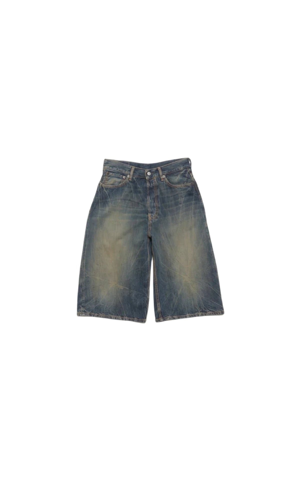 Acne Studios Distressed Bermuda Denim Shorts, Bamboo Texture, Yellow Vintage Wash 1