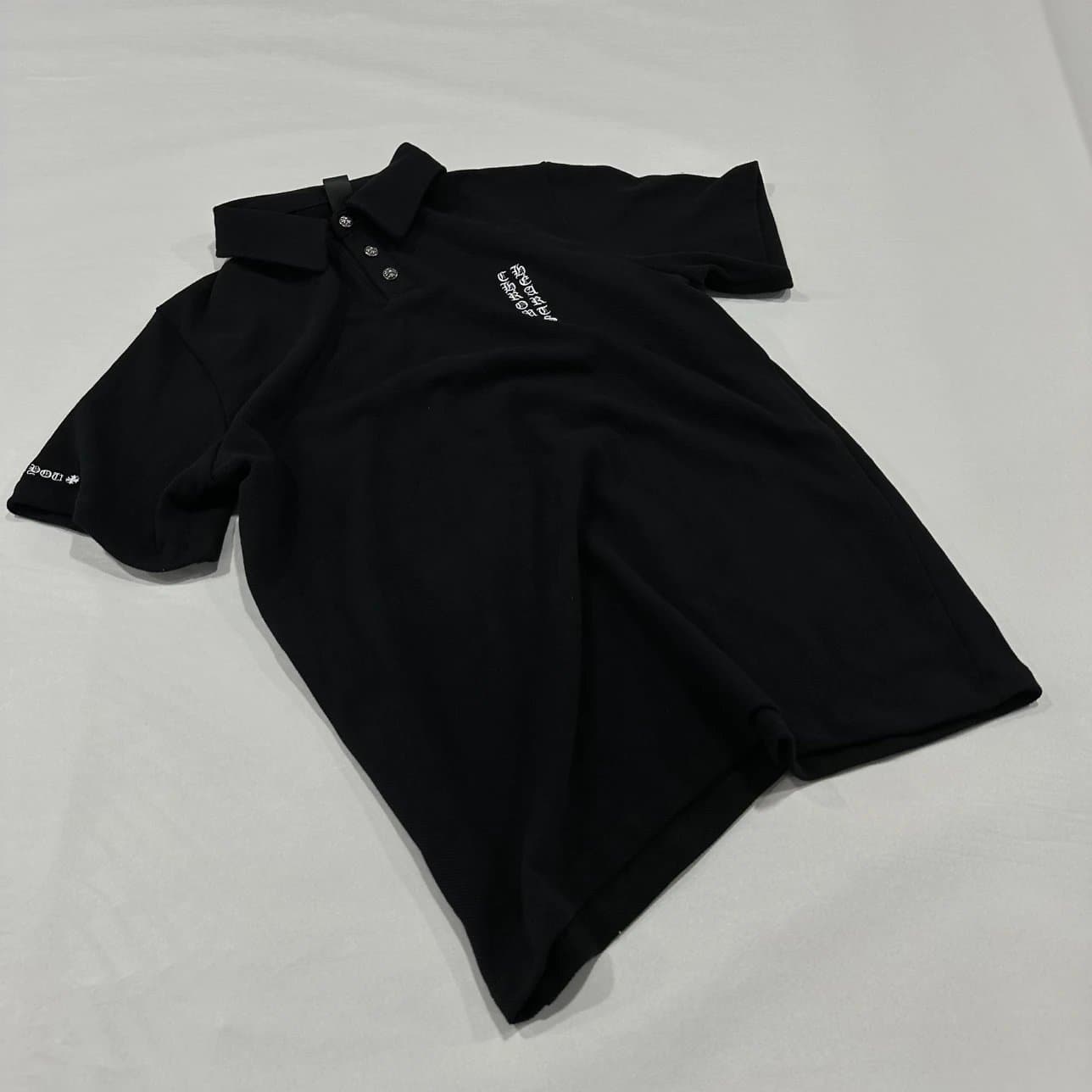 Chrome Hearts Black Piqué Polo with Gothic Vertical Logo & Silver Buttons 1