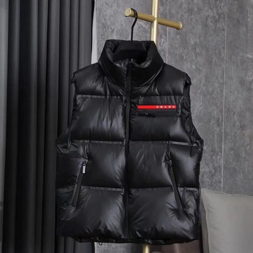 PRADA Linea Rossa Unisex Down Puffer Vest with High Collar & Red Logo 1