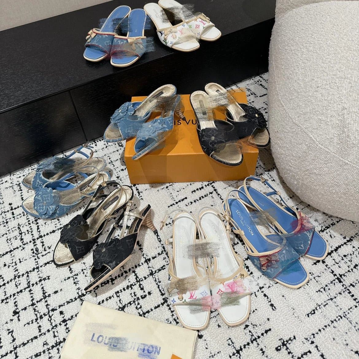 Louis Vuitton Monogram Denim Kitten Heel Mules, Women's Floral Embellished Sandals 1