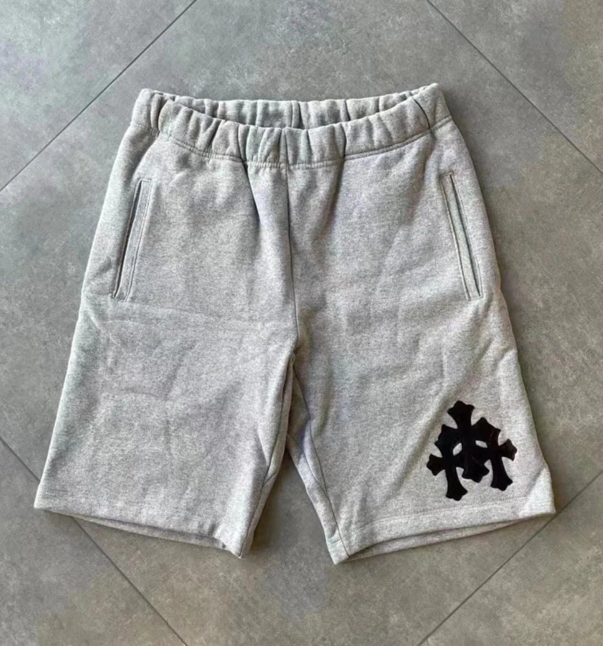 Heather Grey Fleece Shorts with Black Cross Applique, 550g Heavyweight, Elastic Waist 1