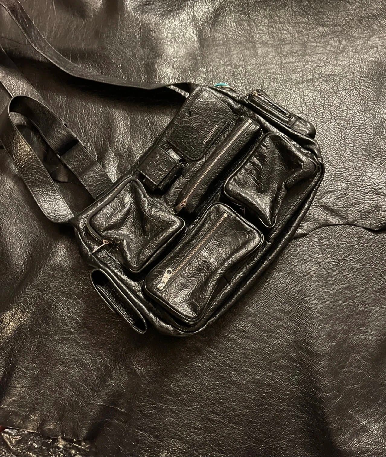 Balenciaga Superbusy Multi-Pocket Crinkled Lambskin Crossbody Bag Dual Size 1