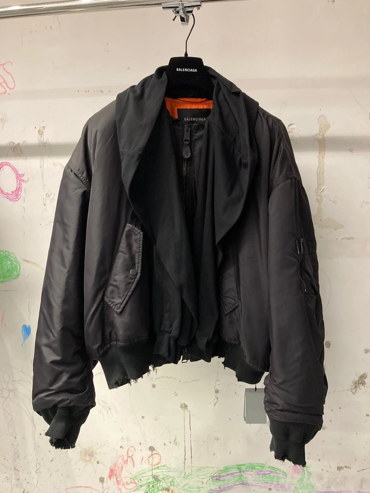 Balenciaga Oversized Hooded Nylon Bomber Jacket — Cropped Deconstructed Black 1